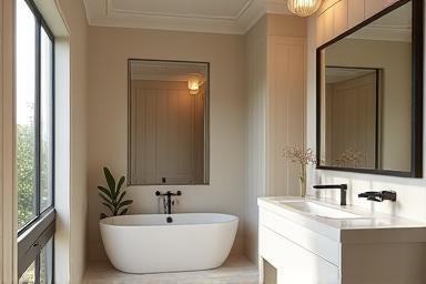 Luxurious bathroom renovation with a freestanding tub and natural stone accents