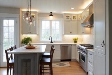 Contemporary kitchen remodel featuring stainless steel appliances and a minimalist island